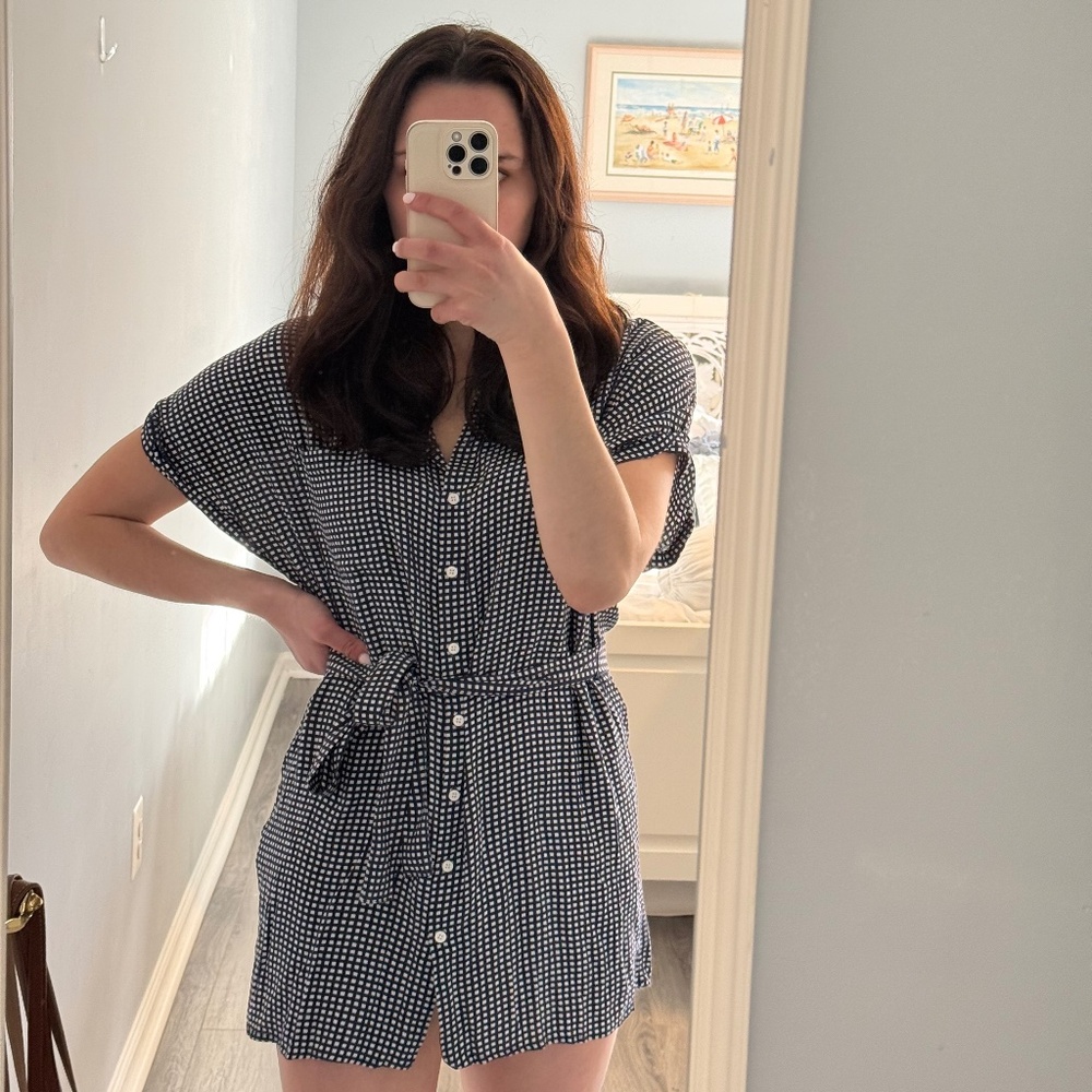 Forever 21 Navy Blue & White Gingham Tie Dress